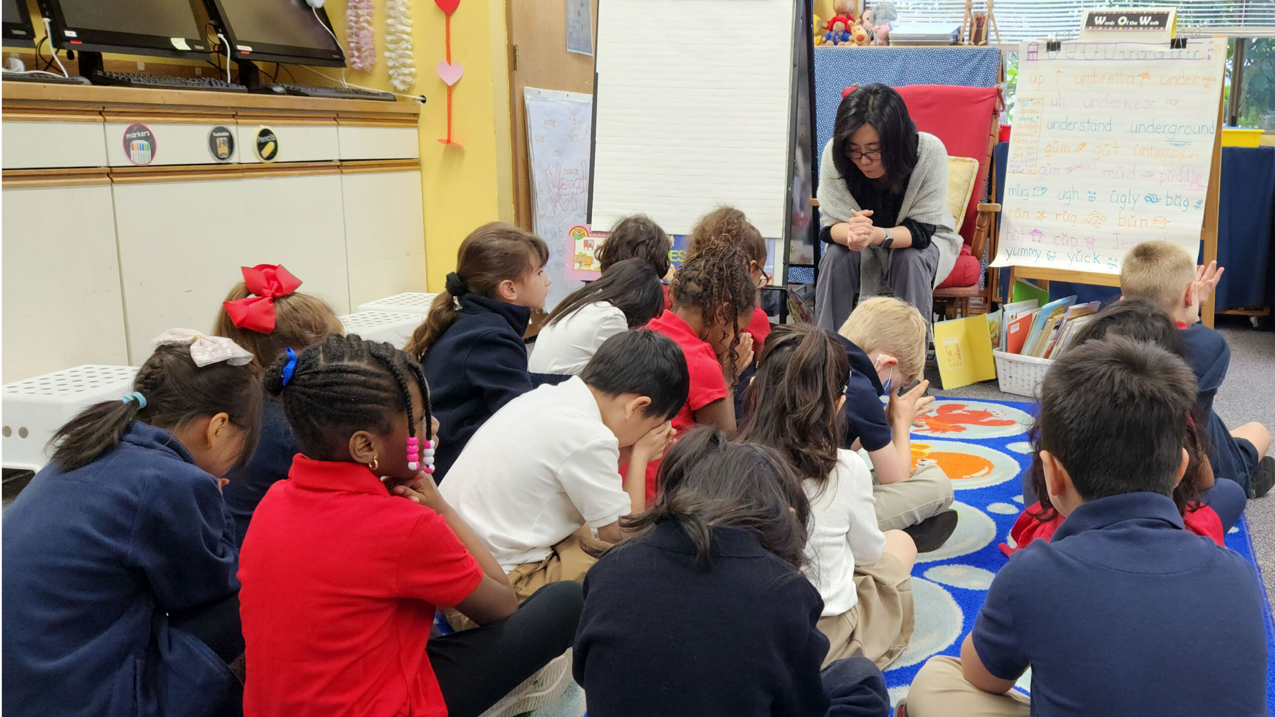 Kindergarten class praying with teacher, rectangular-01 Eastside Christian School, Voted Best Private School, Bellevue WA: serving Preschool, Kindergarten, Elementary, Middle School | Washington State